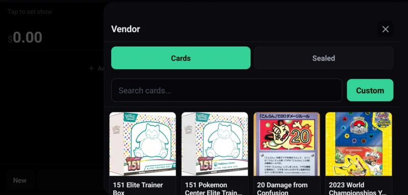 Card search screen with sealed and card results