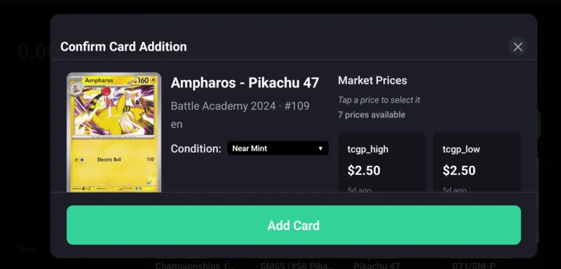 Confirm card addition with market price options