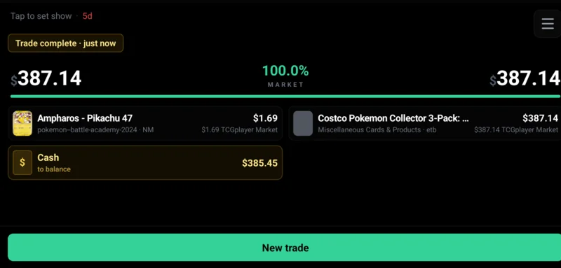 Completed trade summary with cash balance